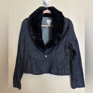 Vntg White House Black Market Dark BlueBlack Faux Fur Peplum Denim Jacket Sz 12